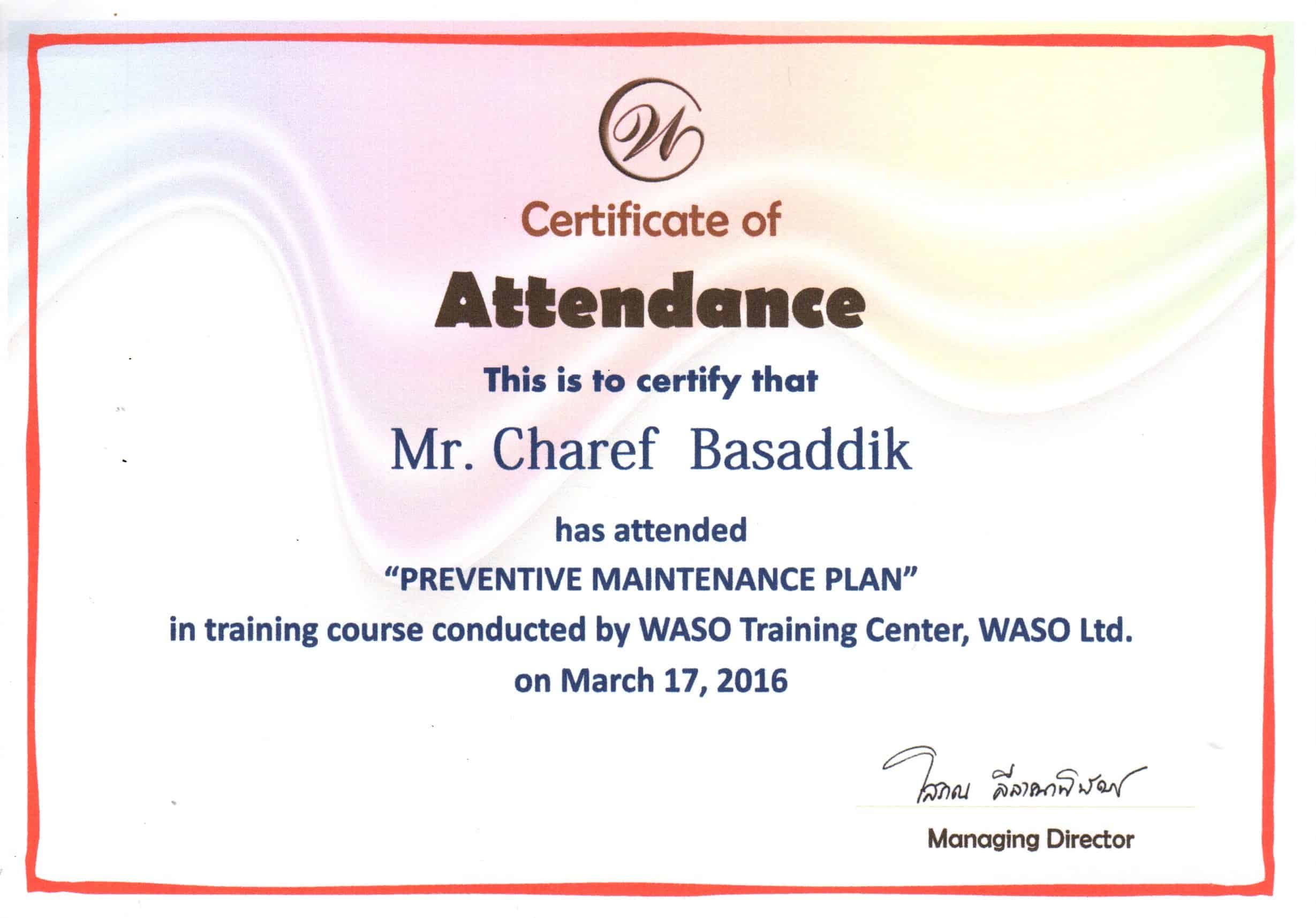 PASUDA Engineer Certificate of Preventive Maintenance Plan